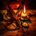 Vintage still life. Vintage items on ancient map. Royalty Free Stock Photo