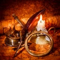 Vintage still life. Vintage items on ancient map. Royalty Free Stock Photo