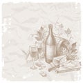 Vintage still life with wine and foods Royalty Free Stock Photo