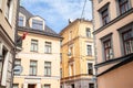 Vintage stone buildings, residential facades, in a typical street in Riga, in Vecriga Vecpilseta, the historical center old town