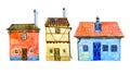 Vintage stone Europe houses in a row. Old style hand drawn watercolor cartoon illustration