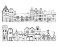 Vintage stone Europe houses. Set of old style town and village building facades in a row. Hand drawn vector sketch illustration