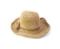 Vintage straw hat, partly open woven, isolated on white background. Straight front view, Womens summer yellow straw hat with the Royalty Free Stock Photo