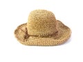 Vintage straw hat, partly open woven, isolated on white background. Straight front view, Womens summer yellow straw hat with the Royalty Free Stock Photo