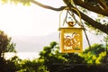 Vintage candle lantern hanging on a tree against natural picturesque background.Copy space.