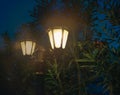 Vintage street lamps on the walking path of the public garden in Istanbul Hagia Sophia