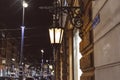 Vintage street lantern retro city at night europe building history