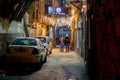 Vintage street and life how looks at night in ancient City in Damascus, Syria