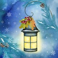 Vintage street light on winter background Watercolor winter holidays illustration Magic scenery print Royalty Free Stock Photo