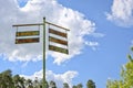 Vintage street sign on ofne blue sky with clouds. Direction guidance concept.