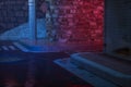 Vintage streets with colorful lights at night, 3d rendering