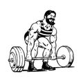 Vintage strong bearded man in striped tee shirt lifting heavy barbell