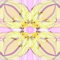 FLOWER MANDALA. ABSTRACT PURPLE BACKGROUND. CENTRAL FLOWER IN YELLOW, PINK AND PURPLE. LINEAR DESIGN