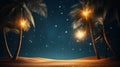 Vintage style artwork of fantasy tropical beach with starlit night sky and full moon Royalty Free Stock Photo