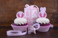 Vintage Style Baby Shower Cupcake and Gift Box Royalty Free Stock Photo