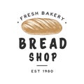 Vintage style bakery shop label, badge, emblem, logo. Colorful vector graphic art with engraved design element loaf of bread. Hand Royalty Free Stock Photo