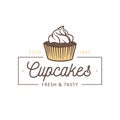 Vintage style bakery shop simple label, badge, emblem, logo template. Graphic food art with engraved cupcake design vector element