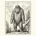 Engraving Illustration Of Bigfoot In The Mountains