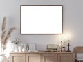 Vintage style blank picture frame on white wall 3d render Royalty Free Stock Photo