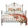 Vintage Style Blue Iron Bed With Floral Illustrations