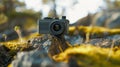 Vintage-style camera on rocky ground with moss and small plants, outdoor photography