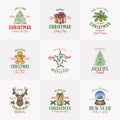 Vintage Style Christmas Logos or Labels Template Bundle. Hand Drawn Deer, Gingerbread Cookie, Pine, Gift boxes, Holly