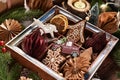 Vintage style Christmas ornaments in wooden shadow box lying on the table