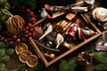 Vintage style Christmas toys and decors in wooden box top view Royalty Free Stock Photo