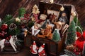 Vintage style Christmas toys and decors in wooden chest Royalty Free Stock Photo