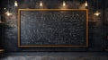 Vintage-style Classroom with Chalkboard of Mathematical Formulas. Educational Concept in a Dimly Lit Room. Classic Royalty Free Stock Photo