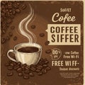 Vintage-style coffee advertisement featuring a steaming cup of coffee surrounded by Royalty Free Stock Photo