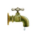 Vintage style copper faucet with a water drop. Watercolor illustration. Hand drawn retro leaking water tap element Royalty Free Stock Photo