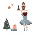 Vintage style cute Scandinavian winter concept illustration. Little ballerina trying to get nutcracker. Merry Christmas