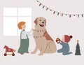 Vintage style cute Scandinavian winter kids. Boy and baby decorating a dog as a Christmas tree. Retro concept design