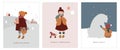 Vintage style cute Scandinavian winter kids greeting cards collection. Children and babies wearing fashion bohemian