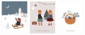 Vintage style cute Scandinavian winter kids greeting cards collection. Children and babies wearing fashion bohemian