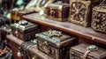 Antique treasure chests on wooden shelf Royalty Free Stock Photo