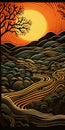 Vintage Style Desert Sunset Woodcut-inspired Graphic Poster