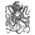 Vintage style diver helmet with octopus tentacles