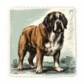 Vintage Style Drawing Of St Bernard Dog In Light Red And Dark Amber