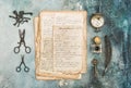 Vintage style flat lay used paper sheet antique objects Royalty Free Stock Photo