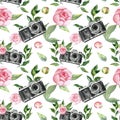 Watercolor floral seamless pattern with pink roses, peony flowers and retro camers on white background. Romantic print Royalty Free Stock Photo