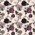 Vintage style floral seamless pattern. Watercolor red, burgundy, black roses, heart shaped padlock, skeleton key Royalty Free Stock Photo