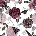 Victorian Gothic Style Seamless Pattern With Watercolor Red, Black And Burgundy Roses, Vintage Key, Butterfly On White Background