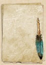 Vintage style fountain feathers pen with sheets of old aged yellow brown faded paper Royalty Free Stock Photo