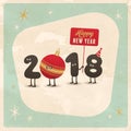 Vintage style funny greeting card - Happy New Year 2018. Royalty Free Stock Photo