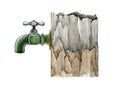 Vintage style garden metal water tap with wooden basement. Watercolor illustration. Hand drawn retro faucet element