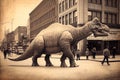 A vintage-style generative ai illustration from the early 1900s featuring a dinosaur walking on the streets of a city