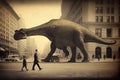 A vintage-style generative ai illustration from the early 1900s featuring a dinosaur walking on the streets of a city