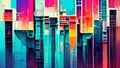 Graphic Glitch Art in Neon Style containing cityscapes and metropolitan scenery in 1980s vintage style with colorful vibrant atmos